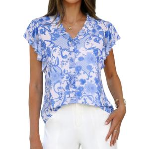 GRACE KARIN 2026 Boho Tops for Women Dressy Casual,Ruffle Sleeve Chiffon Blouses Floral Shirts,V Neck Summer Fashion Clothes, L