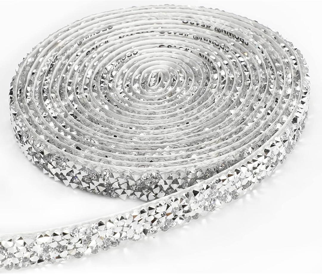 3 Yards Resin Rhinestone Ribbons Self Adhesive Diamond Ribbon Crystal Strips Roll Silver Glitter Resin Diamond Belt Bling Rhinestone Rope for DIY Art Crafts (0.4 Inch)