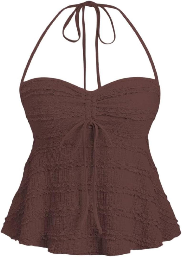 SOLY HUX Women's Peplum Halter Crop Tops Y2K Drawstring Tie Ruched Dressy Casual Spaghetti Strap Cami Top (Chocolate Brown) S SOLY HUX Women's Peplum Halter Crop Tops Y2K Drawstring Tie Ruched Dressy Casual Spaghetti Strap Cami Top (Chocolate Brown) S
