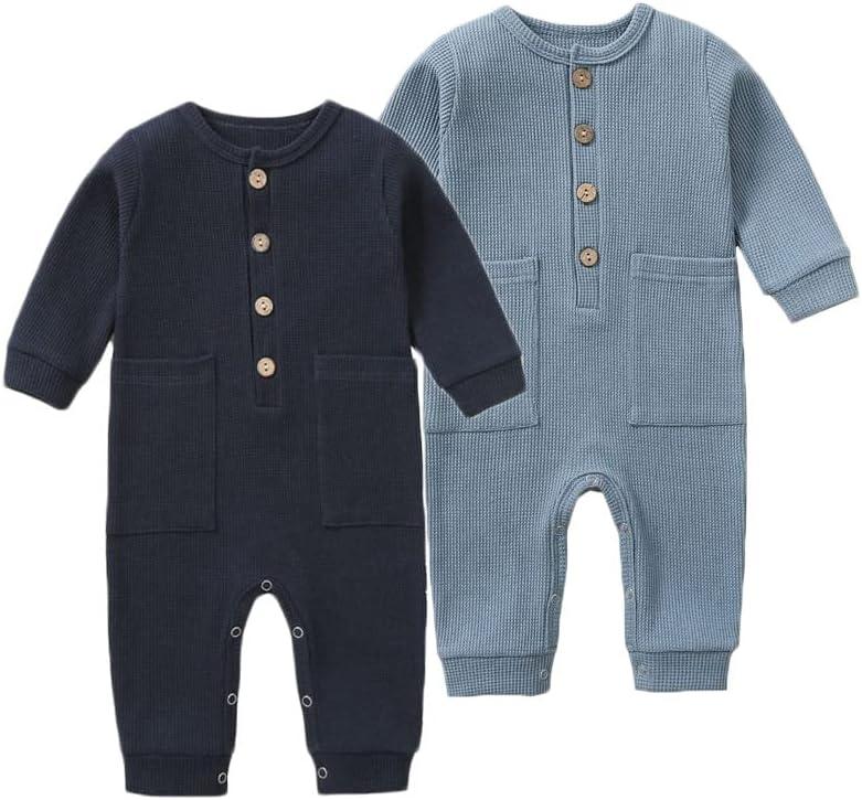 BeiVSlley Newborn Baby Boy Girl 2 Pack Button Solid Romper Infant Long sleeve Knit Cotton Footless Outfits Clothes (12-18 Months, Blue+dark Blue)