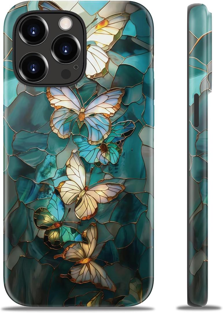 Goodon for iPhone 13 Pro Case Cute,Aesthetic Vintage Girly Mosaic Butterfly Shell,Compatible with Magsafe, Trendy Unique Cool Coquette Floral Protective Slim Silicone Phone Cover for Women Girls