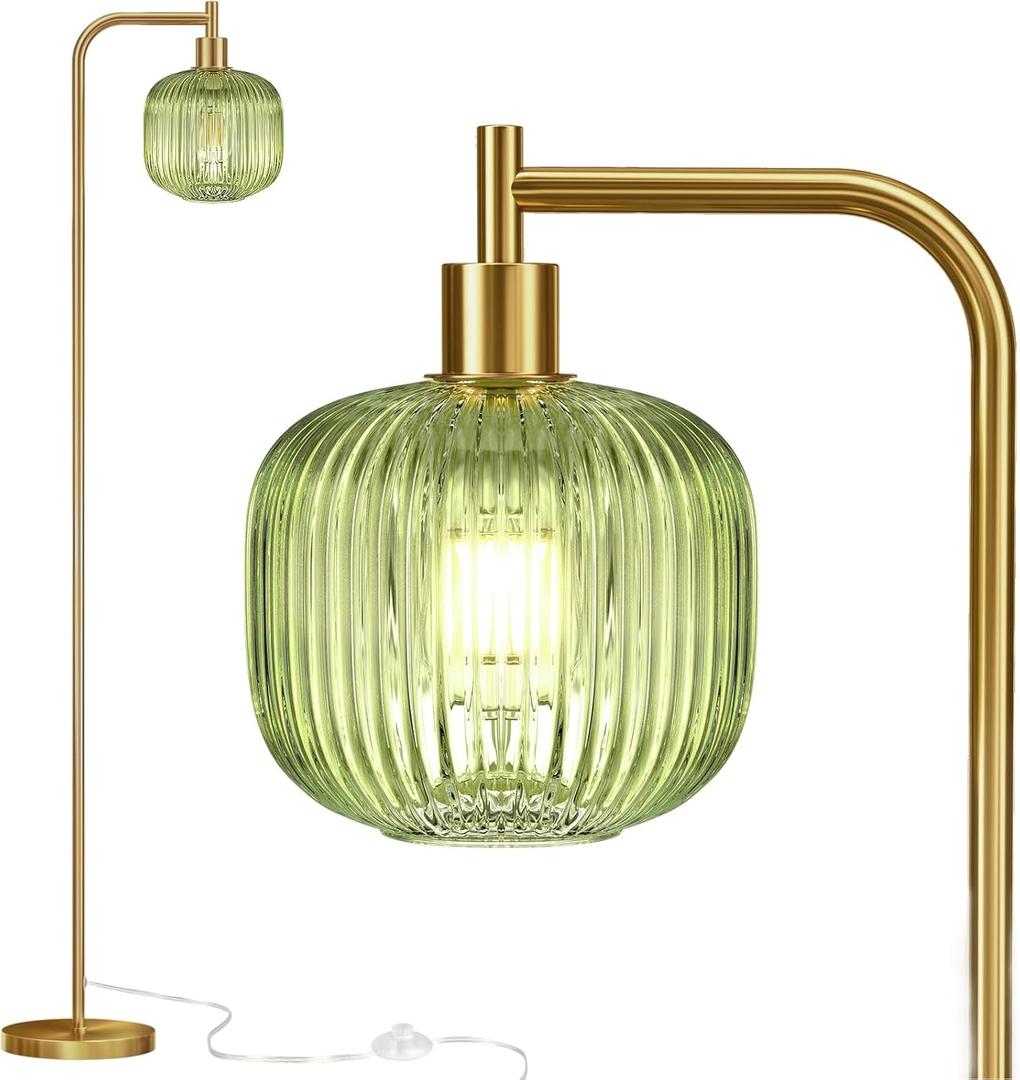 QiMH Glass Floor Lamp for Living Room, Modern Standing Lamp with Ribbed Glass Lampshade Pedal Switch, 67 Tall Lamp for Bedroom Study Room, Brushed Gold (2700K LED Bulb Included) (Brushed gold & green)