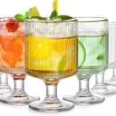 DEAYOU Set of 6 Ribbed Vintage Wine Glasses, 8 oz Clear Fluted Water Goblet Glasses, Unique Short Stem Cocktail Glasses for Iced Tea, Juice, Whiskey, Beer, Dessert, Party