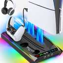 Rysker PS5/Slim/Pro Stand, PS5 Cooling Station Built-in 3-Level Cooling Fan & Fast Charger for Disc & Digital, PS 5 Accessories with Safety Screw and Headset Holder (Deep Black)