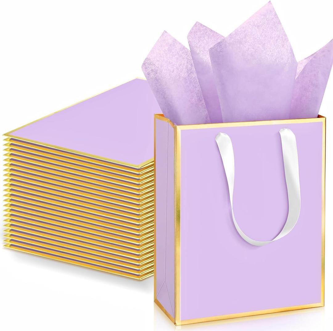 Yeaqee 24 Pack Metallic Paper Gift Bags with Handle and Tissue 9x7x3.1 Gold Foil Welcome Thank You Favor Bags Return Gifts for Wedding St. Patrick's 5 Senses Bridesmaid Birthday(Lavender, Gold)