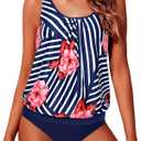 Yonique Two Piece Blouson Tankini Swimsuits for Women Modest Bathing Suits Loose Fit Swimwear (Medium, Blue Floral)