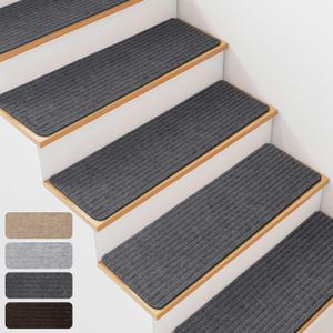 7 PCS Non Slip Stair Treads for Wooden Steps  8"x30" Indoor Non Slip Stair Treads, Carpet Stair Mats with Self-Adhesive Backing, Removable & Machine Washable  Dark Grey