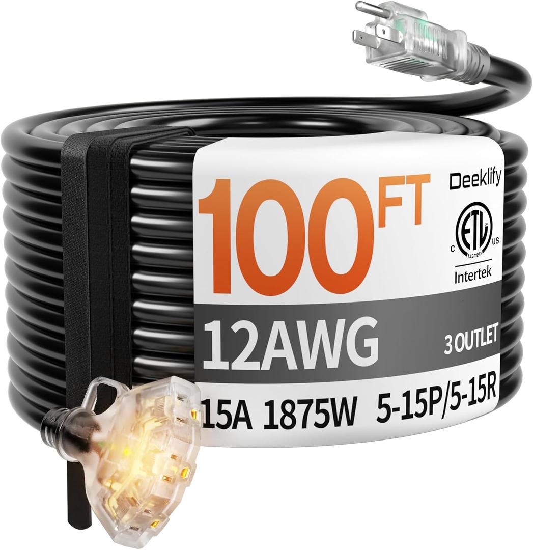 100 ft 12 Gauge Heavy Duty 3 Outlet Extension Cord Splitter with Indicator, Waterproof Outdoor Extension Cord with Multiple Outlets, 15A 1875W for Home & Workshop, ETL Listed, Black SJTW