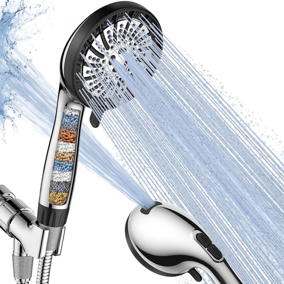 PWERAN Filtered Shower Head with Handheld, High Pressure 8 Spray Showerhead with Filters & Upgraded Detachable Shower Head, Water Softener Filters Beads for Hard Water -Remove Chlorine (Chrome)