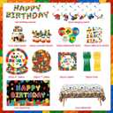 144pcs Building Block Birthday Party Decorations Includes Plates, Napkins, Cake Toppers, Banner, Hanging Swirls, Tablecloths, Balloons, Backdrop, Temporary Tattoos for Building Block Party Decorations