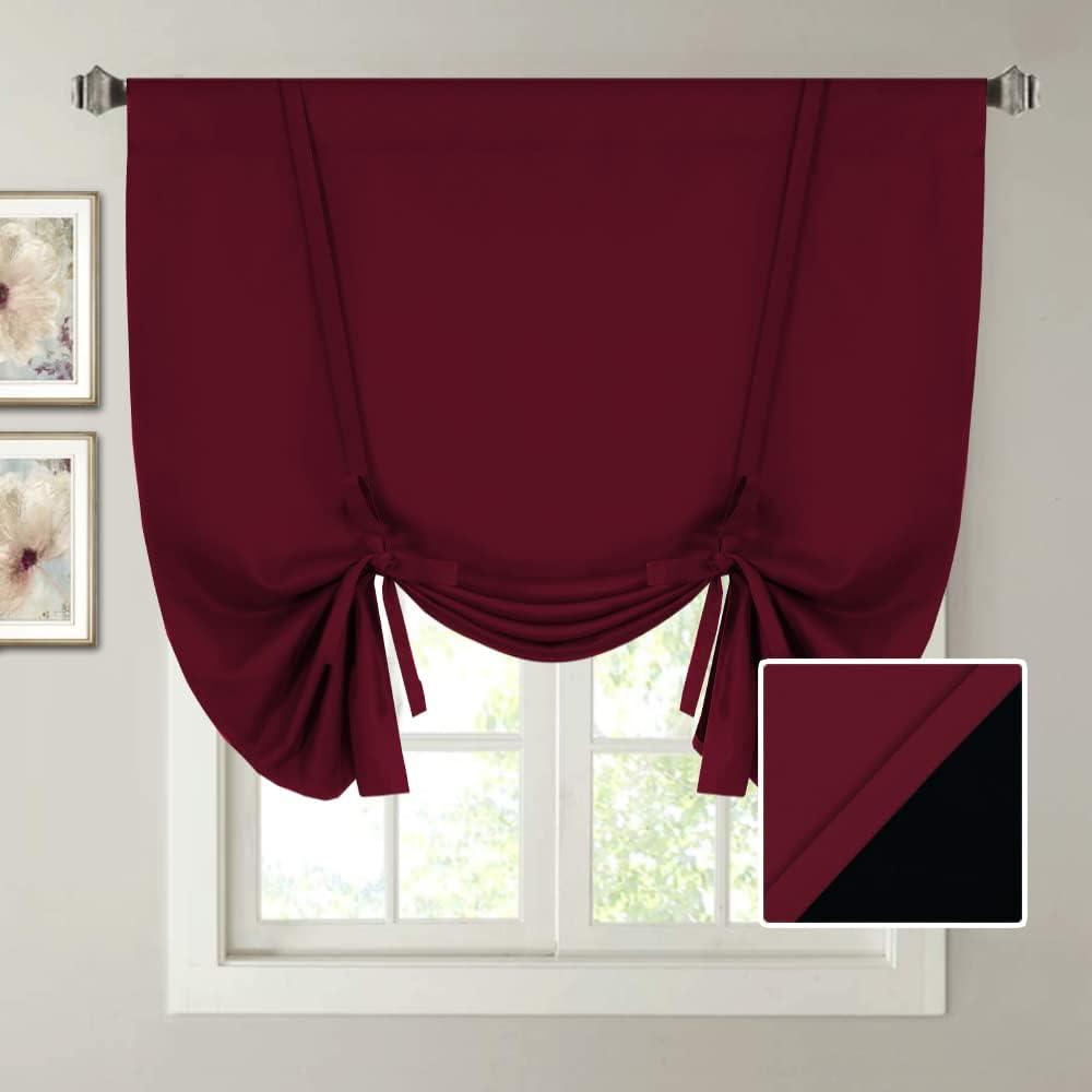 H.VERSAILTEX 100% Blackout Burgundy Red Tie-Up Shade Bathroom Curtain Thermal Insulated Window Shade Light Blocking Curtains for Kitchen 63 inches Long Rod Pocket Burgundy