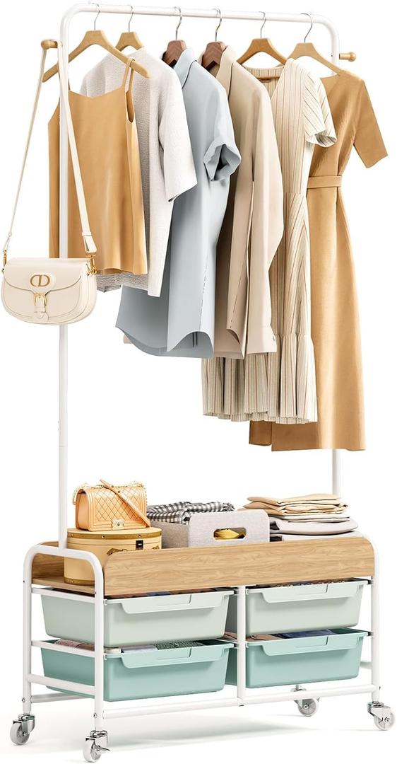 Clothes Rack with Drawer, Clothing Rack for Hanging Clothes | Rolling Metal Garment Rack with Wooden Tabletop for Bedroom Closet Living Room (Green)