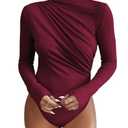 SweatyRocks Women's Bodysuit Mock Neck Casual Ruched Long Sleeve Jumpsuit Burgundy Small