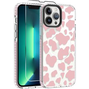 OOK Magnetic Case for iPhone 13 Pro Case Cute Cow Print [Compatible with MagSafe] Camera Protective Slim Phone Cover for Women Girls with [Screen Protector]-Pink