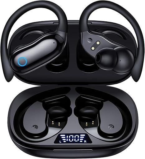 GNMN Active Noise Cancelling Ear Buds Wireless Earbuds 96hrs Playback Bluetooth Headphones Dual Battery Display Stereo Bass Earphones with Earhooks Microphone IPX7 Waterproof for Sports/Workout