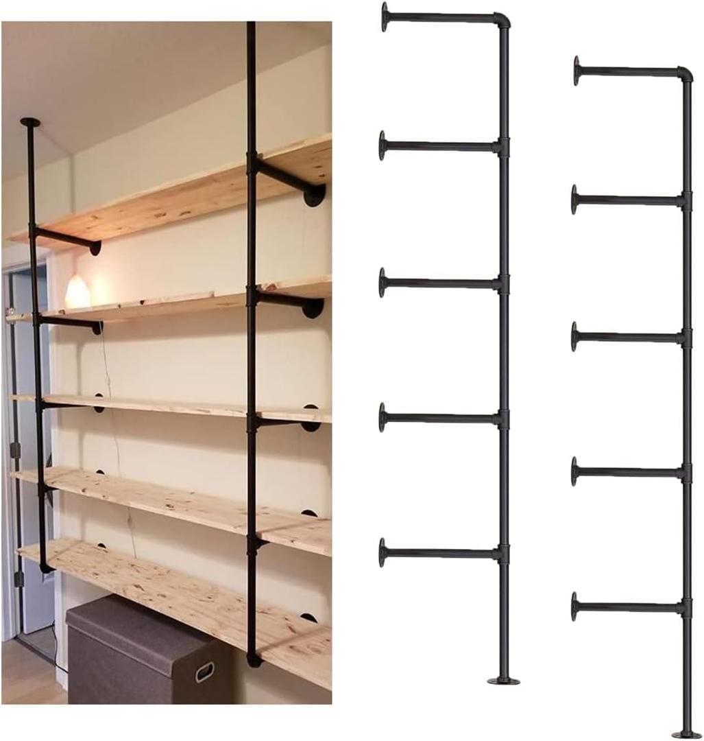 Industrial Wall Mount Iron Pipe Shelf Shelves Shelving Bracket Black Vintage Retro Ceiling Hung Shelf DIY Open Bookshelf Storage for offcie Room Kitchen (2PcsX5Tier, 68" Tall, 10" Deep, Hardware Only)