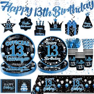 160pcs 13 Birthday Boy Decorations Plate, Officially a Teenager Party Decorations 13th Birthday Plates and Napkins Banner Teenage Boy Birthday Decorations 13th Birthday Decorations for Boys (Blue)
