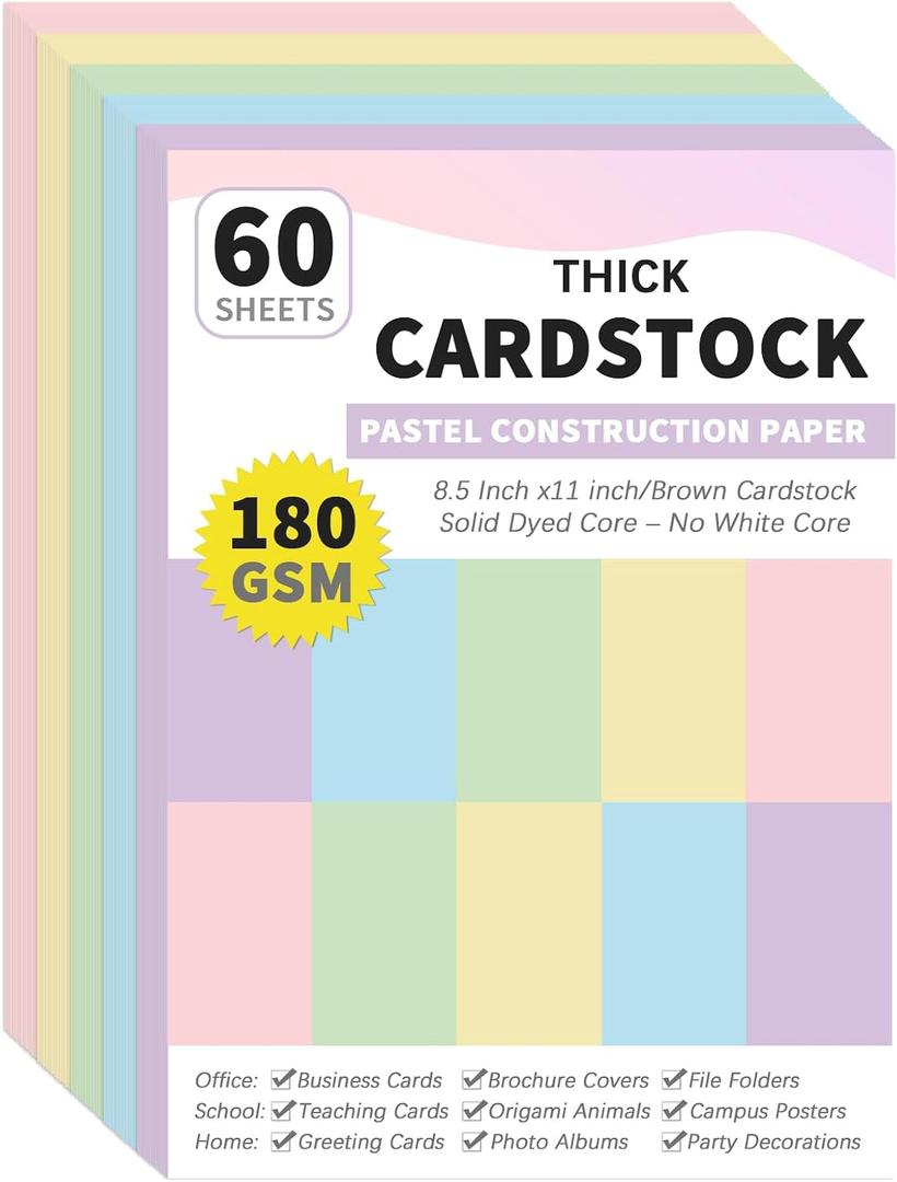 gisgfim 60 Sheets Pastel Cardstock 8.5 X 11 Solid Dyed Core Construction Paper Cardstock 5 Assorted Colors Card Stock Printer Scrapbook Paper 65lb/180gsm for Embossing Printing Invitations DIY Craft, Pastel
