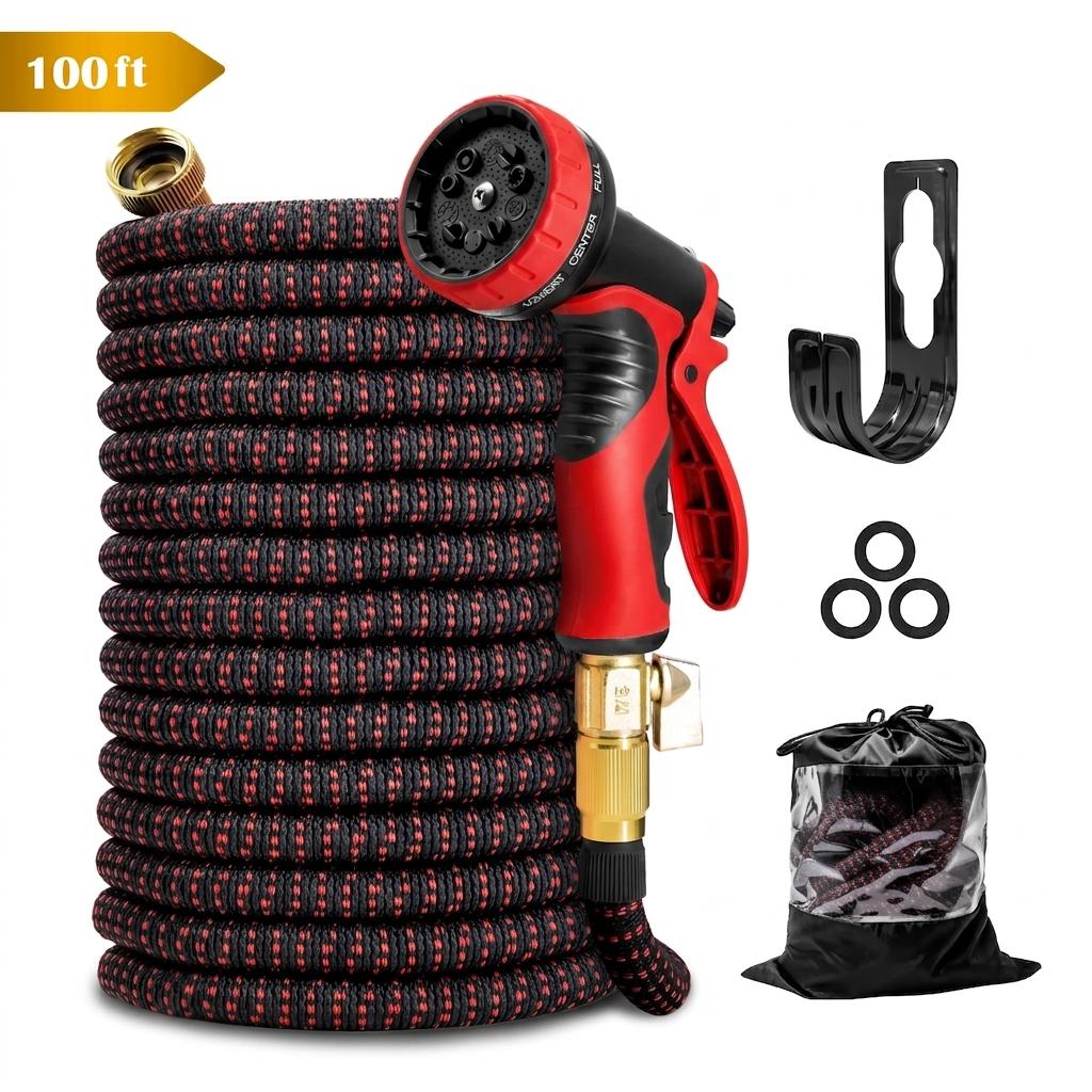 100 ft Expandable Garden Hose - All New 2026 Retractable Water Hose with 3/4" Solid Brass Fittings, Extra Strength Fabric - Flexible Expanding Hose with 10 Pattern Spray Nozzle