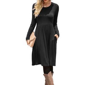 DB MOON Women Casual Long Sleeve Dresses Empire Waist Knee Length Loose Dress with Pockets (XX-Large, Black)