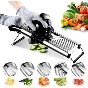 Mandoline Food Slicer, Adjustable Mandoline Slicer for Kitchen, Stainless Steel Mandolin Vegetable Chopper for Potato/Tomato/Onion, Vegetable Slicer Julienne Cutter with Cut-Resistant Gloves (Silver)