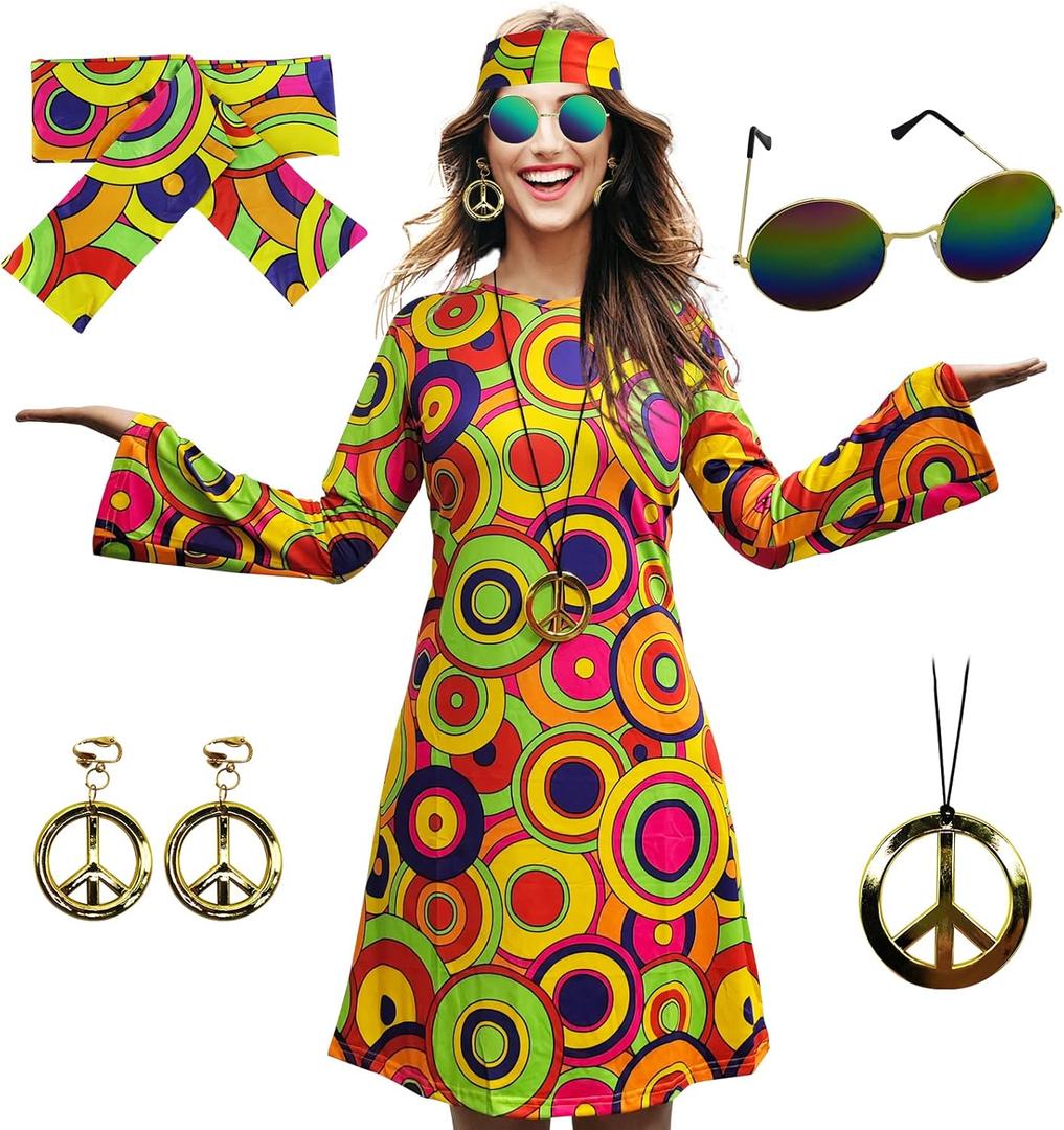 70s Hippie Dress Costumes Necklace Earrings Sunglass Women Disco Outfit, 60s Party Costume, Halloween Retro Dresses (XX-Large)