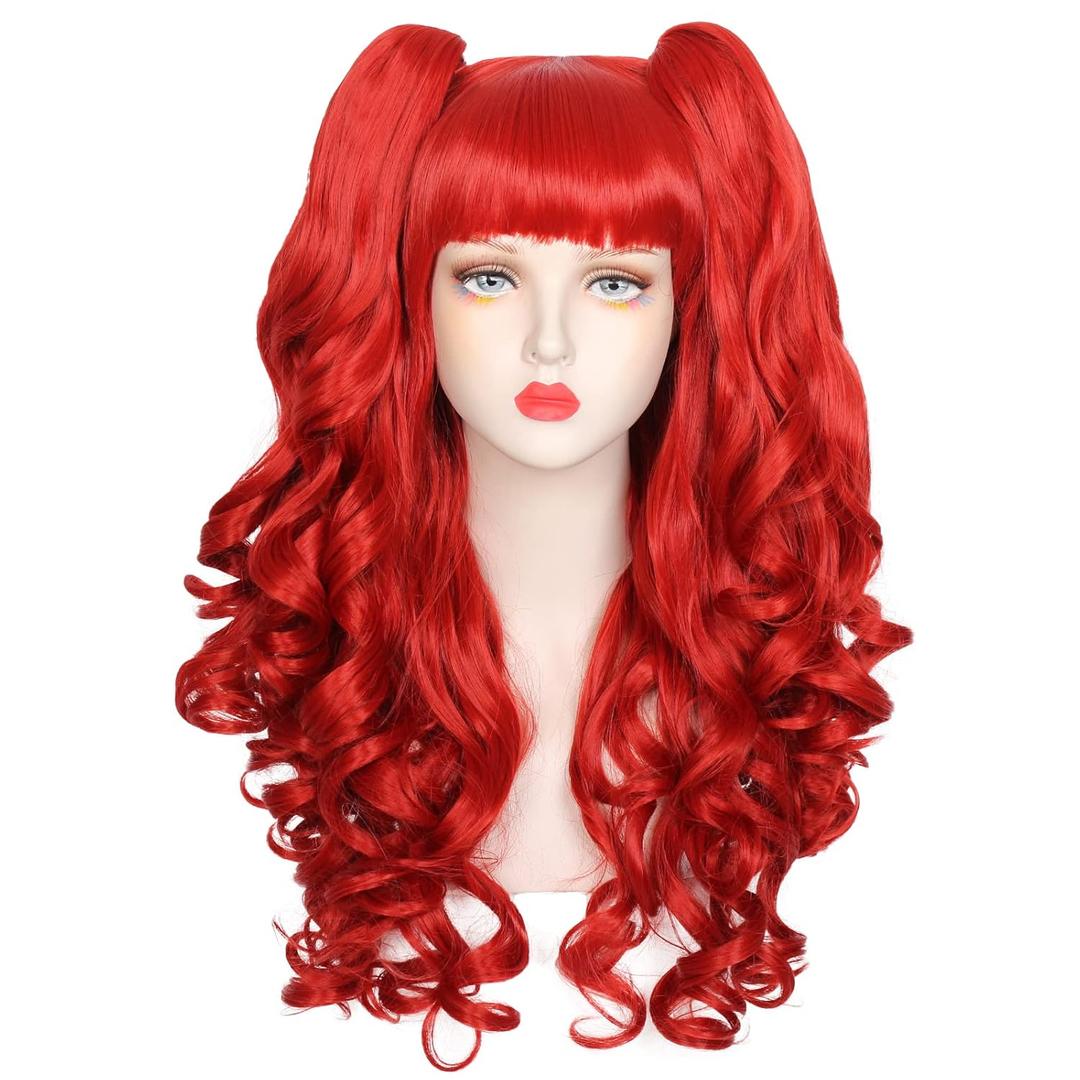Long Curly Red Wig with Pigtails Red Ponytail Clip on Wig for Halloween Cosplay Party