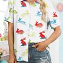 Easter Shirts for Women Cute Bunny Rabbit Graphic Button Down Blouses Happy Easter Short Sleeve Shirt (White, XXL)
