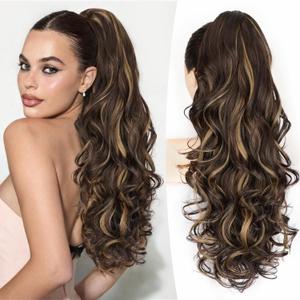 ALXNAN Ponytail Extension,24 Inch Claw Clip in Long Curly Wavy Dark Brown with Golden Blonde Ponytail Hair Extension Jaw Clip on Pony Tails Hairpiece for Women