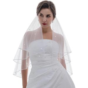 SAMKY 2T 2 Tier 1/8" Ribbon Edge Center Gathered Rhinestone Crystal Bridal Veil (Elbow Length 30", Ivory)