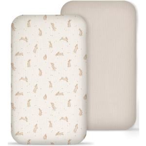 Muslin Bedside Bassinet Sheets 2 Pack, 33x20 Fitted Ultra Soft & Breathable Bedside Sleeper Sheets, Ideal for Baby Girl and Boy, Perfect for Newborns (Hopping Bunnies & Beige)
