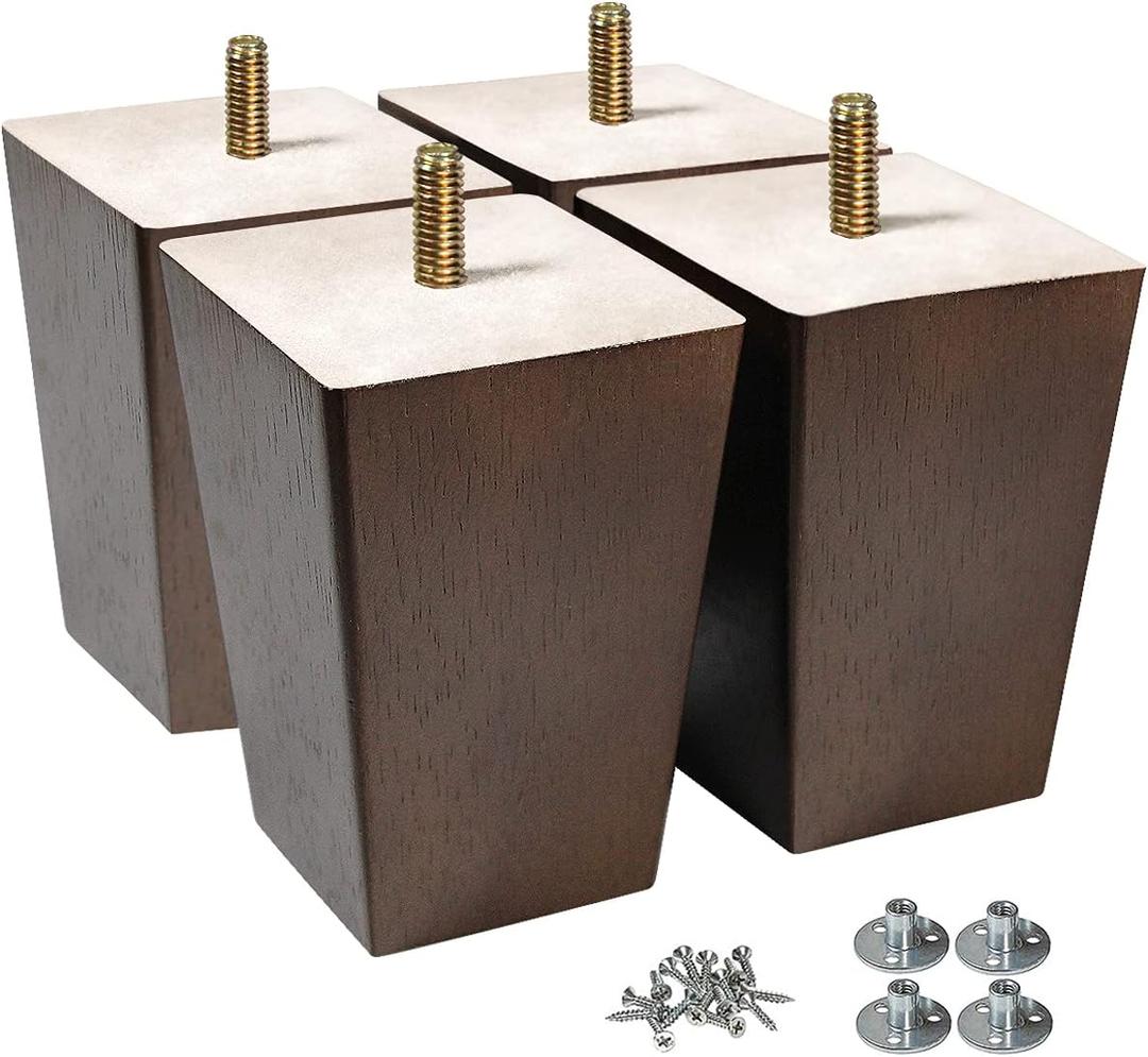 Wood Furniture Legs, 4 inch Sofa Legs, Square Couch Legs Pack of 4, Wood Legs for Table w/Pre-drilled Hanger Bolt