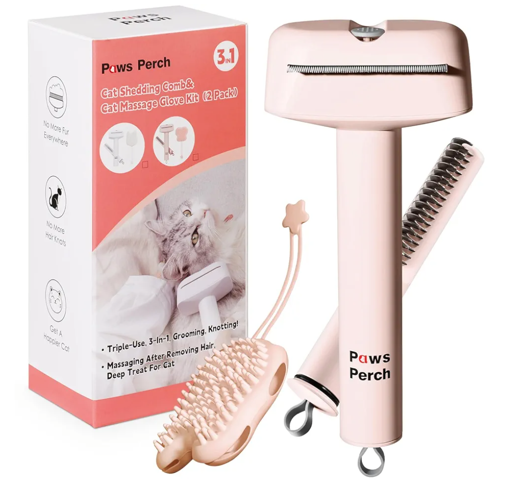 Paws Perch Cat Hair Shedding Brush Slicker Kitten Grooming Undercoat Dematting Comb with Massage Glove, 3 in 1 Effective Dandruff Removal Kit for Short Long Fur Pet Indoor, Outdoor, Travel Use, Pink