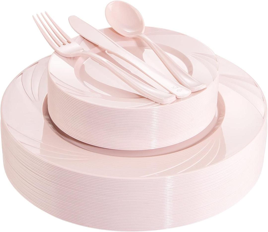 YOUBET 125PCS Pink Plastic Plates - Light Pink Birthday Plates Include 25 Dinner Plate, 25 Dessert Plate, 75 Silverware for Baby Shower & Birthday Parties Mothers Day