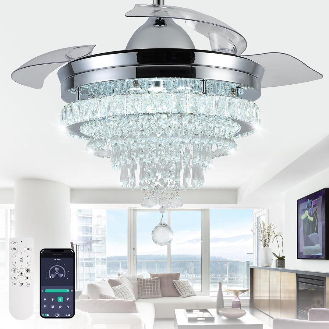 42" Modern Crystal Chandelier Ceiling Fan with Light & Remote,Dimmable LED Fandelier for Bedroom Living Room,3 Color Temperatures,6 Speeds,Retractable Blades,Brushed Nickel,Timing & Memory Function (DX002) 42" Modern Crystal Chandelier Ceiling Fan with Light & Remote,Dimmable LED Fandelier for Bedroom Living Room,3 Color Temperatures,6 Speeds,Retractable Blades,Brushed Nickel,Timing & Memory Function (DX002)