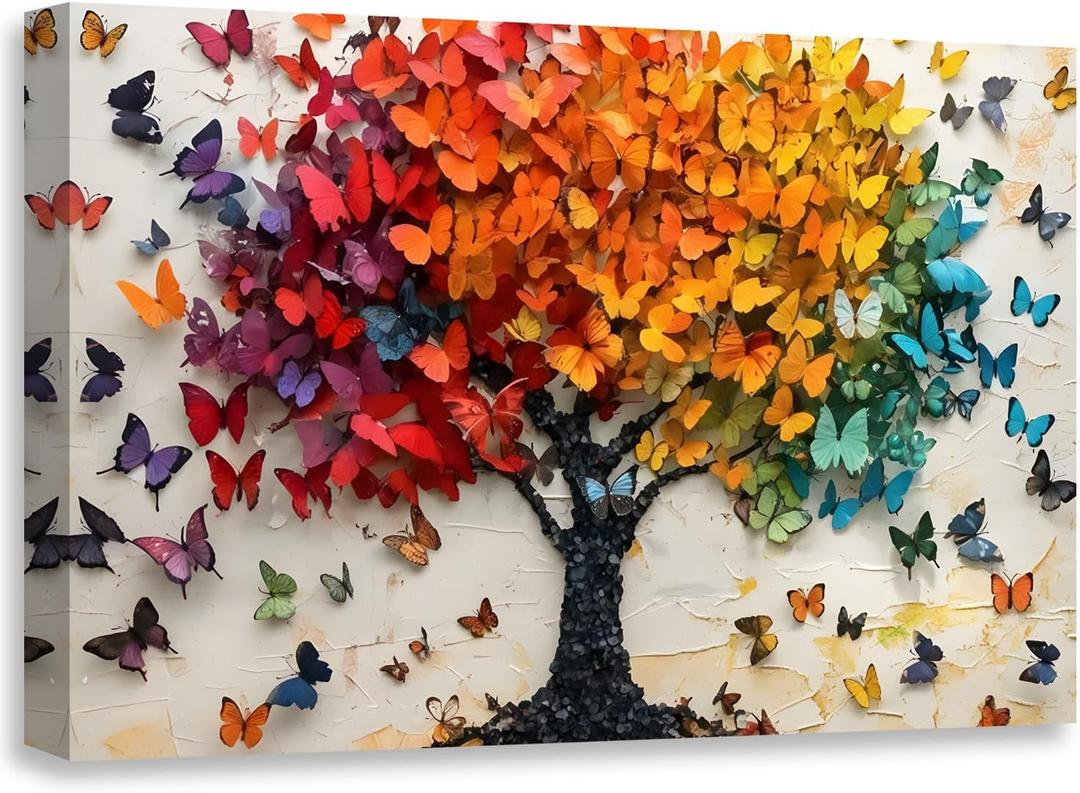 2D No Texture Tree of Life Canvas Wall Art Colorful Butterfly Wall Decor, Cute Butterfly Picture for Wall Living Room Bathroom Bedroom Home Decoration 12*18 in (Stretched Canvas on A Wooden Frame)