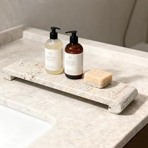 Erongoo Marble Tray Pedestal Stand, 16"x4" Marble Vanity Tray with Feet for Bathroom Counter, Rectangular Marble Riser for Kitchen Sink, Soap Dispenser Perfume Jewelry Stone Organizer (River White)