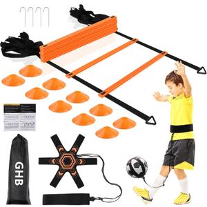 GHB Pro Agility Ladder Soccer Kick Trainer Set 20ft 12 Rung 10 Cones and 4 Stakes Speed Agility Football Training Equipment with Carrying Bag (Orange)