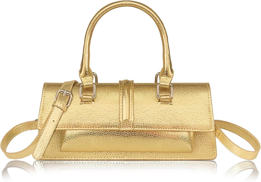Small Metallic Crossbody Bag Y2K Silver Purse Clutch Bag for Women Cute Top Handle Purse Satchel shoulder Bag (Gold)