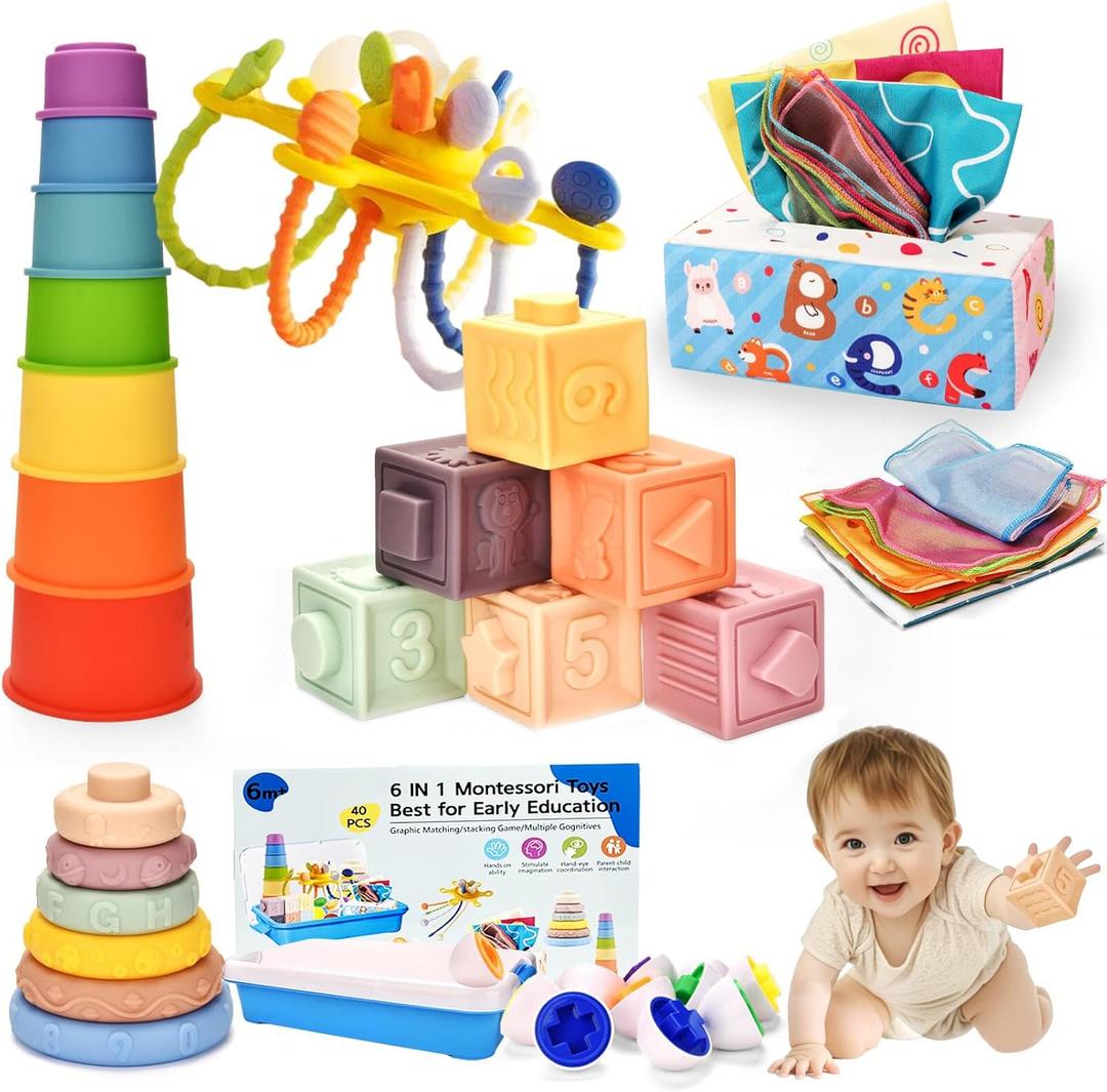 Baby Toys 6-12 Months,Montessori Toys for 6-9-12 Month old,6-in-1 Sensory Toys Stacking Cups Building Blocks,Teething Pull String,Tissue Box Toys for Babies 6-9-12,18-24 Months,1-3 Year old Baby Gifts