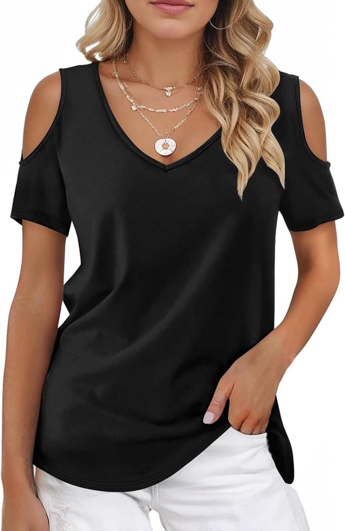 Buauty Women's Summer Trendy Shirts V Neck Criss Cross Cold Shoulder Tops Solid Color Fashion Casual Loose Sexy Blouse (Black, M)