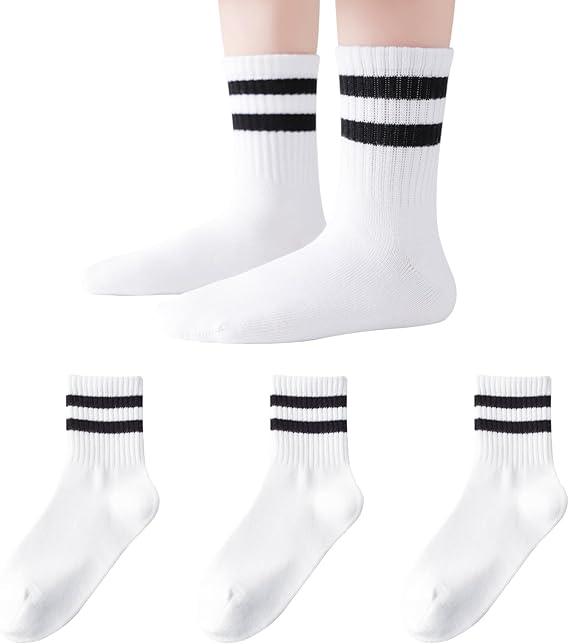Mini angel Kids Socks Boys Girls Crew Socks 8-11 Years White Seamless Cotton Ankle Athletic Socks with Retro Stripes 3 Pairs (White,L)