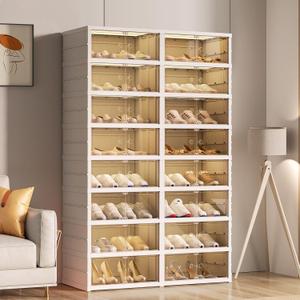 Beeveer 8-Tier Foldable Shoes Rack Organizer Clear Plastic Shoes Rack for Closet Shelf Collapsible Large Storage Box Stackable Easy Assembly Shoe Cabinet with Lids and Door(for 32 Pairs)