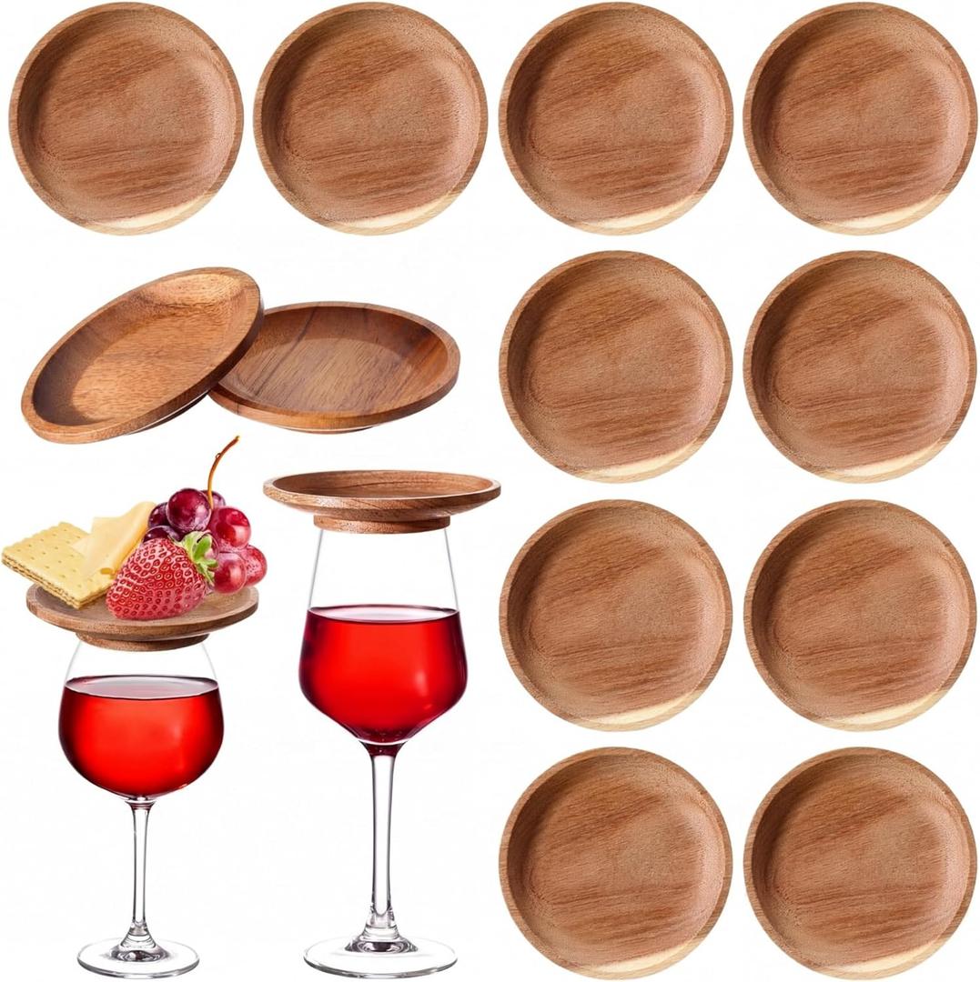 Mumufy 12 Pcs 4" Acacia Wood Wine Glass Charcuterie Topper Glass Topper Plate Mini Charcuterie Board for Wine and Cheese Parties Family Gatherings Bars Restaurants