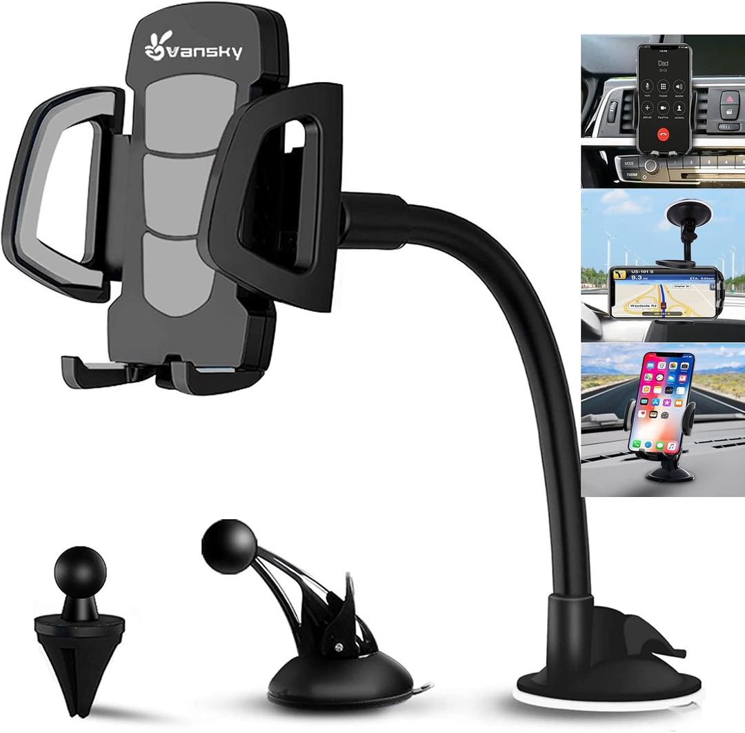 Vansky Car Phone Holder Mount, 3-in-1 Universal Cell Phone Holder Car Air Vent Holder Dashboard Mount Windshield Mount Fit for iPhone 16 15 14 13 Pro Max, Samsung S24 S23 LG Sony and More