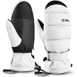 MCTi Ski Mittens Women's Snow Mitten Touch Screen Waterproof Insulated Quilted Mitts with Hidden Zipper (Medium, White)
