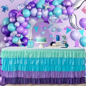 14ft Table Skirt Mermaid Tablecloth Purple Mermaid Table Skirt Rectangle Ruffle Baby Shower Gender Reveal Mermaid Birthday Party Decorations