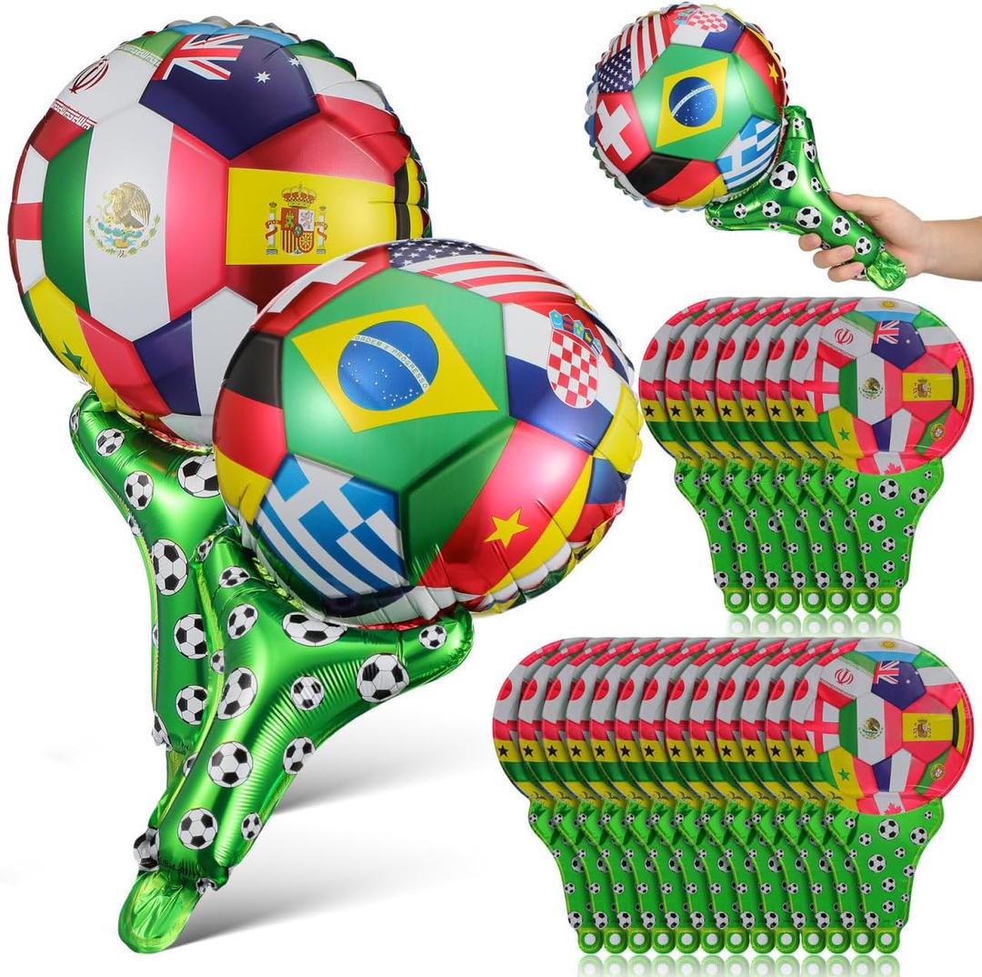 Housoutil 50pcs Soccer Football Balloons, 2026 World Flags Inflatable Cheering Sticks, International Flag Soccer Football Party Decorations Foil Balloons for 2026 Match Fan Favors