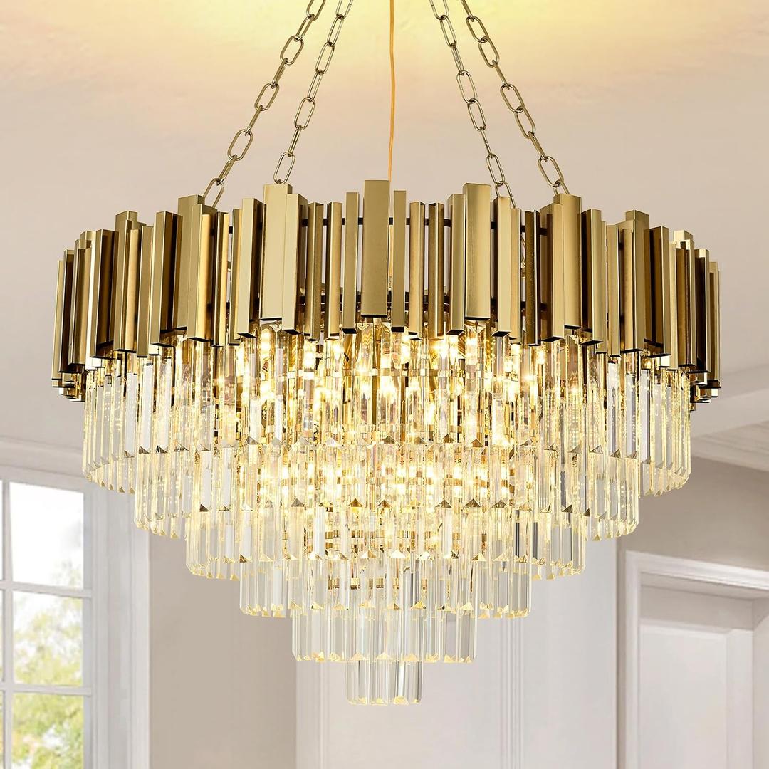 Modern Crystal Chandelier Gold Pendant Light Fixtures, Round Crystal Pendant Lighting for Living Room, Dining Room, Bedroom, Restaurant, E12 x 12, 30inch