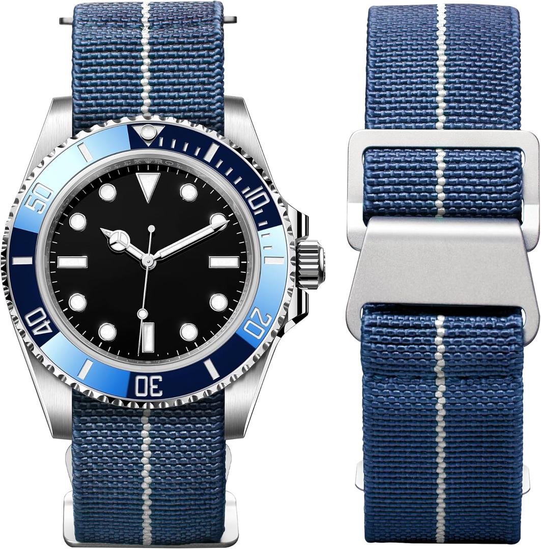 BINLUN Elastic Nylon Watch Band 18mm 20mm 22mm Marine Nationale Fabric Military Parachute Replacement Watch Strap Men Women Silver & Black Buckle - Upgraded Hook-and-Loop Buckle (Blue-white)